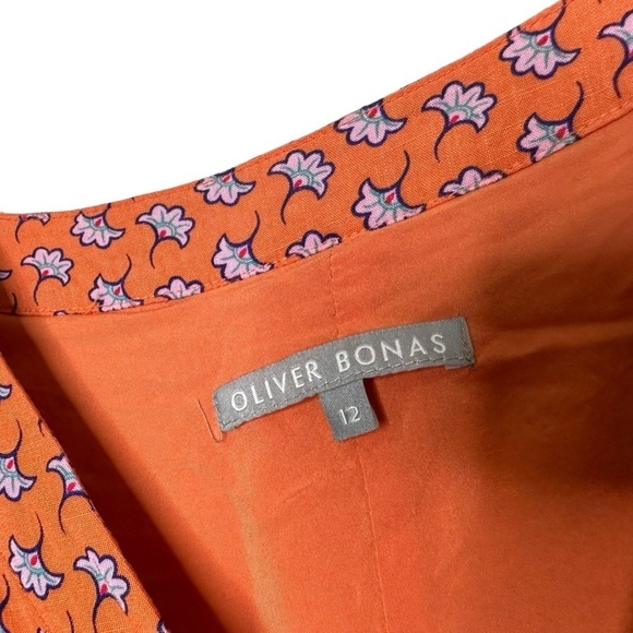Oliver Bonas Women Floral Asymmetrical Button Up Dress Sz 12 Orange Short Sleeve - Picture 10 of 10